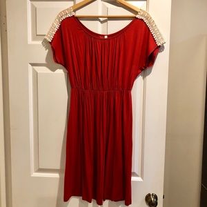 Crochet Sleeve Rust Colored Gathered Waist Dress